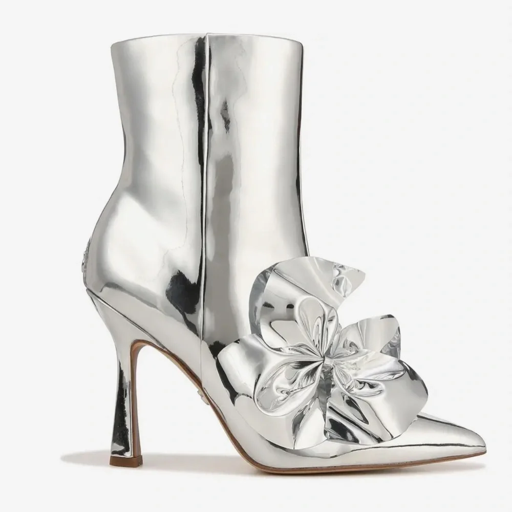 ▶️ Sam Edelman ◀️  Silver Metallic Mirror Bow Esmae Ankle Metallic Boot 11